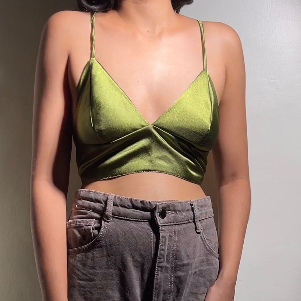 S037— Green Satin Aphrodite Bralette Fits Bust 28C/D & 30A/B