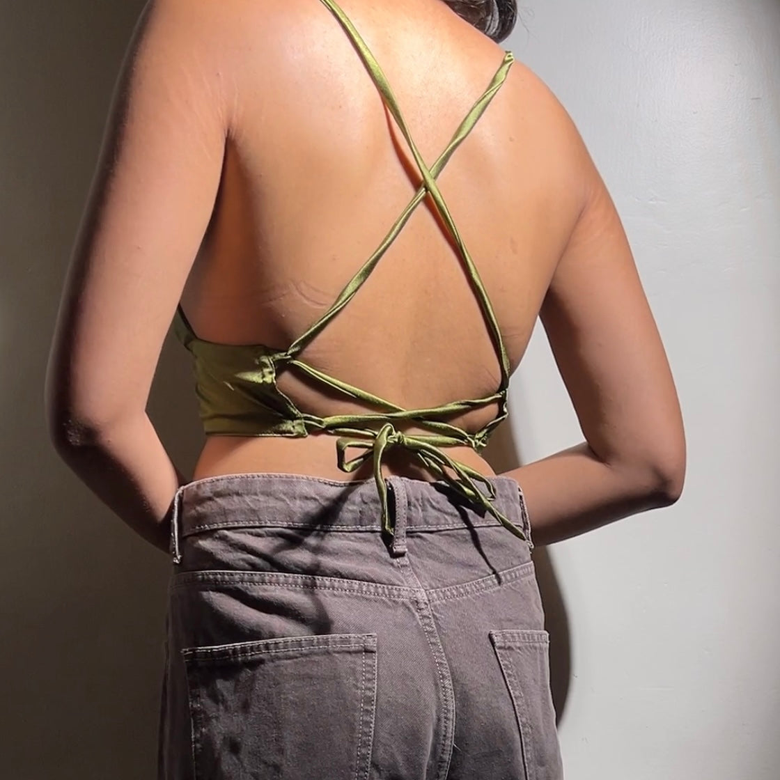 S037— Green Satin Aphrodite Bralette Fits Bust 28C/D & 30A/B
