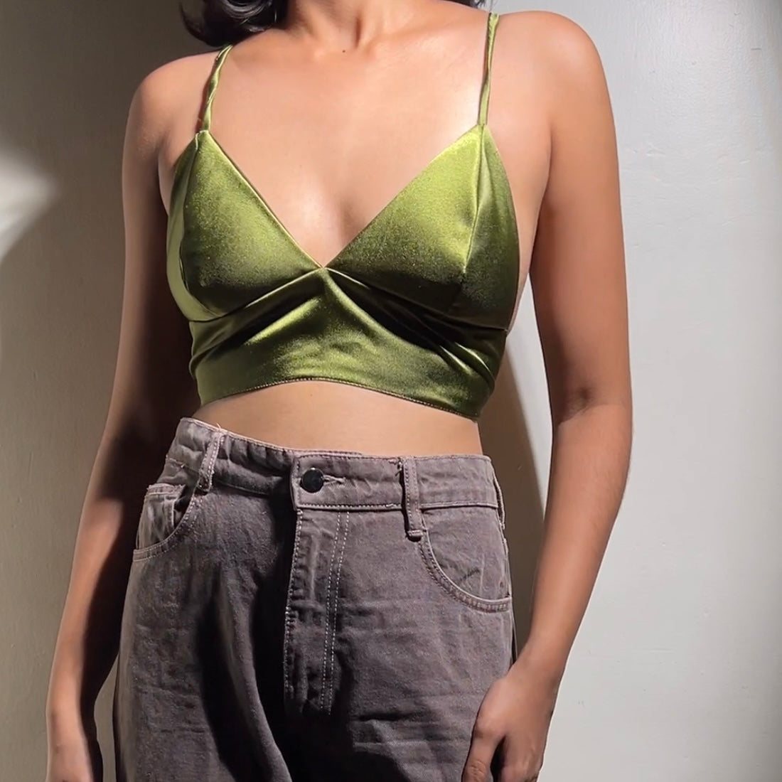 S037— Green Satin Aphrodite Bralette Fits Bust 28C/D & 30A/B
