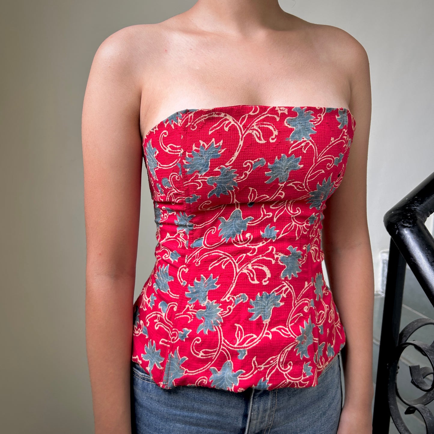 S026 — Red & Teal Siren Corset Fits Bust 30 C/D & 32 A/B