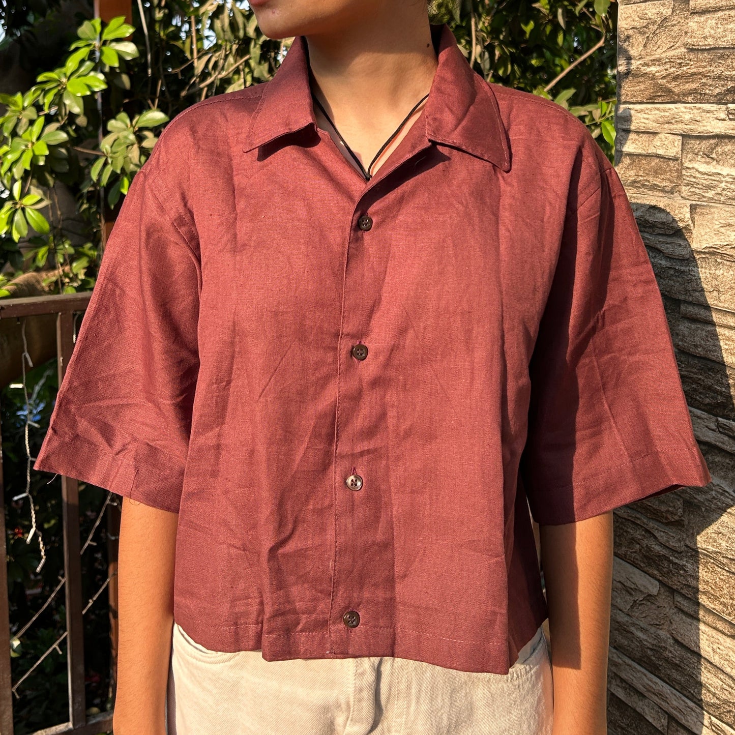 Brown Linen Cropped Shirt