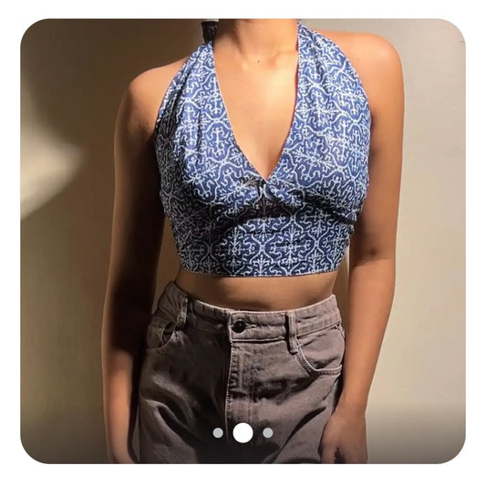 S042 — Blue and White Tie Up Halter Fits Bust 30 C/D & 32 A/B (Print May Vary A Bit)