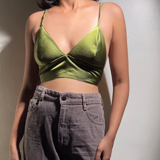S037— Green Satin Aphrodite Bralette Fits Bust 28C/D & 30A/B