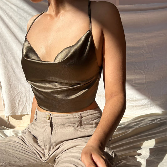 S041—  Brown Satin Cowl Fits Bust 30C/D & 32A/B (lenght is way shorter than shown in the picture)