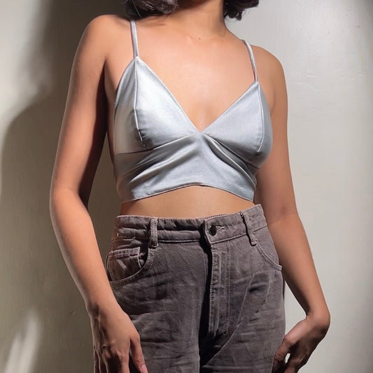 S058 — Silver Satin Aphrodite Bralette  Fits Bust 34 C/D & 36 A/B